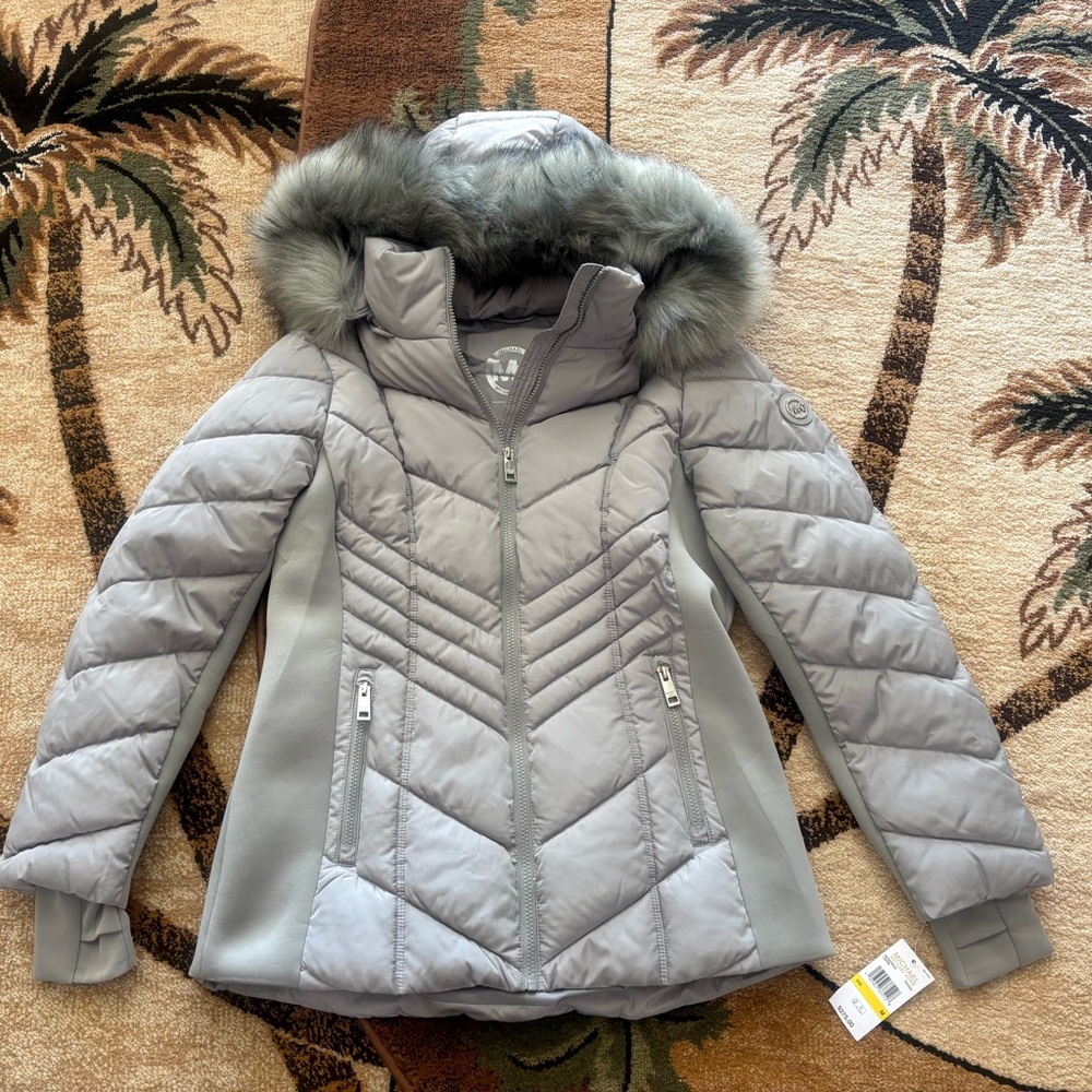 Michael Kors 💅❄️ Nickel MK Winter Coat Jacket Fur Hood Size M NWT $275